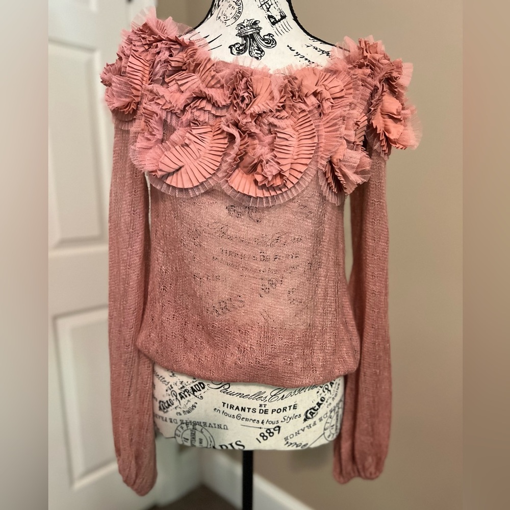 Pink sheer top with flowers at the top